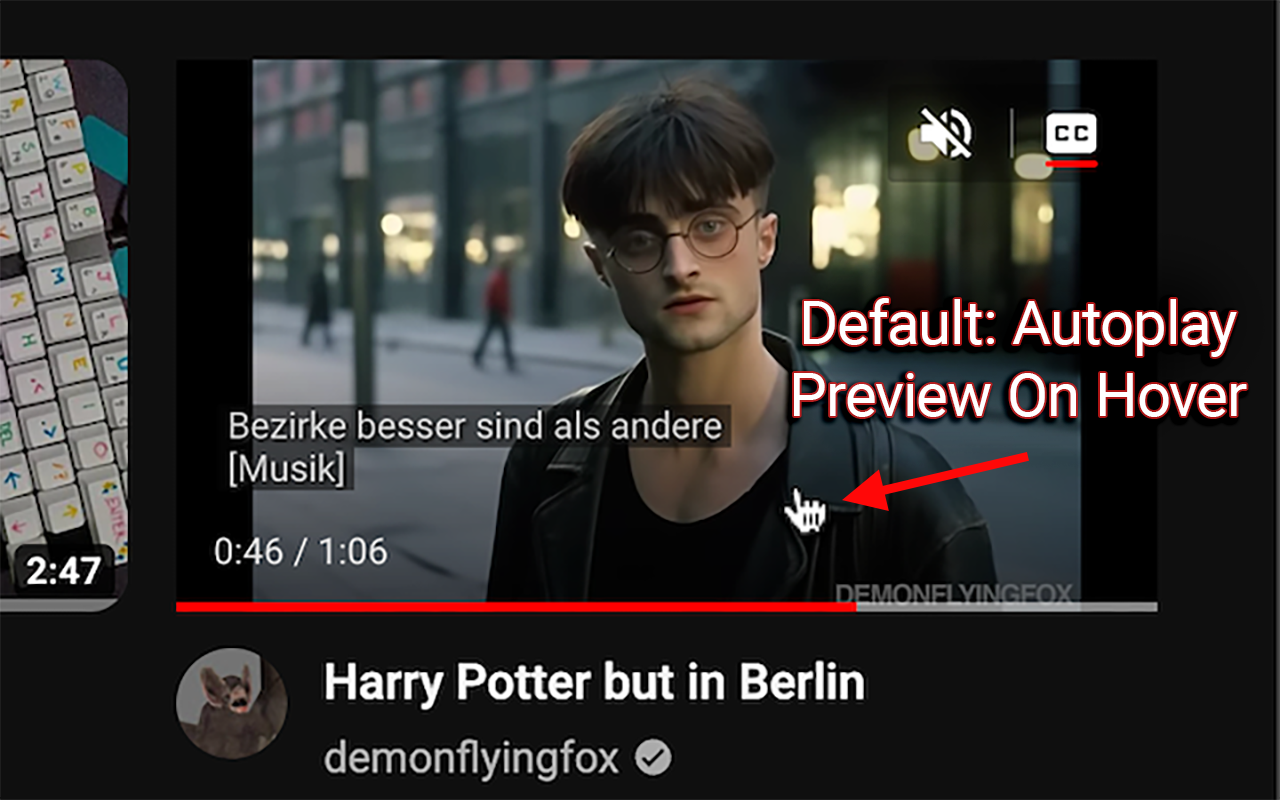 Screenshot showing no video preview being played with YouTube Hover Preview extension